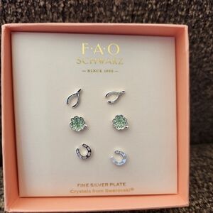 FAO Schwarz Good Luck Earrings Set Of 3 Pairs New In Box Shamrock Horseshoe